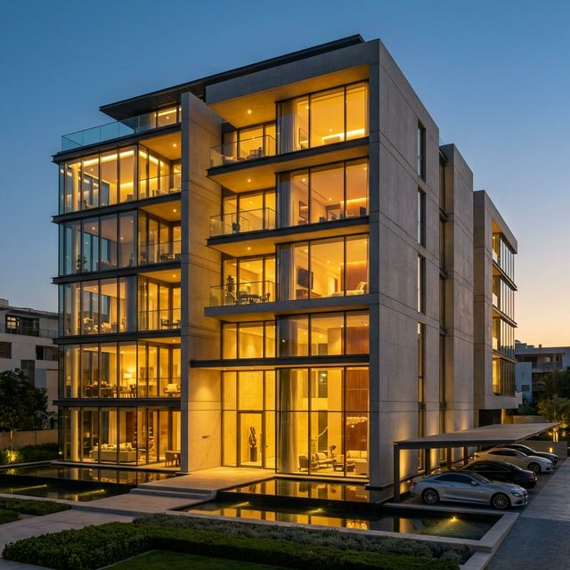 Modern apartment complex at blue hour